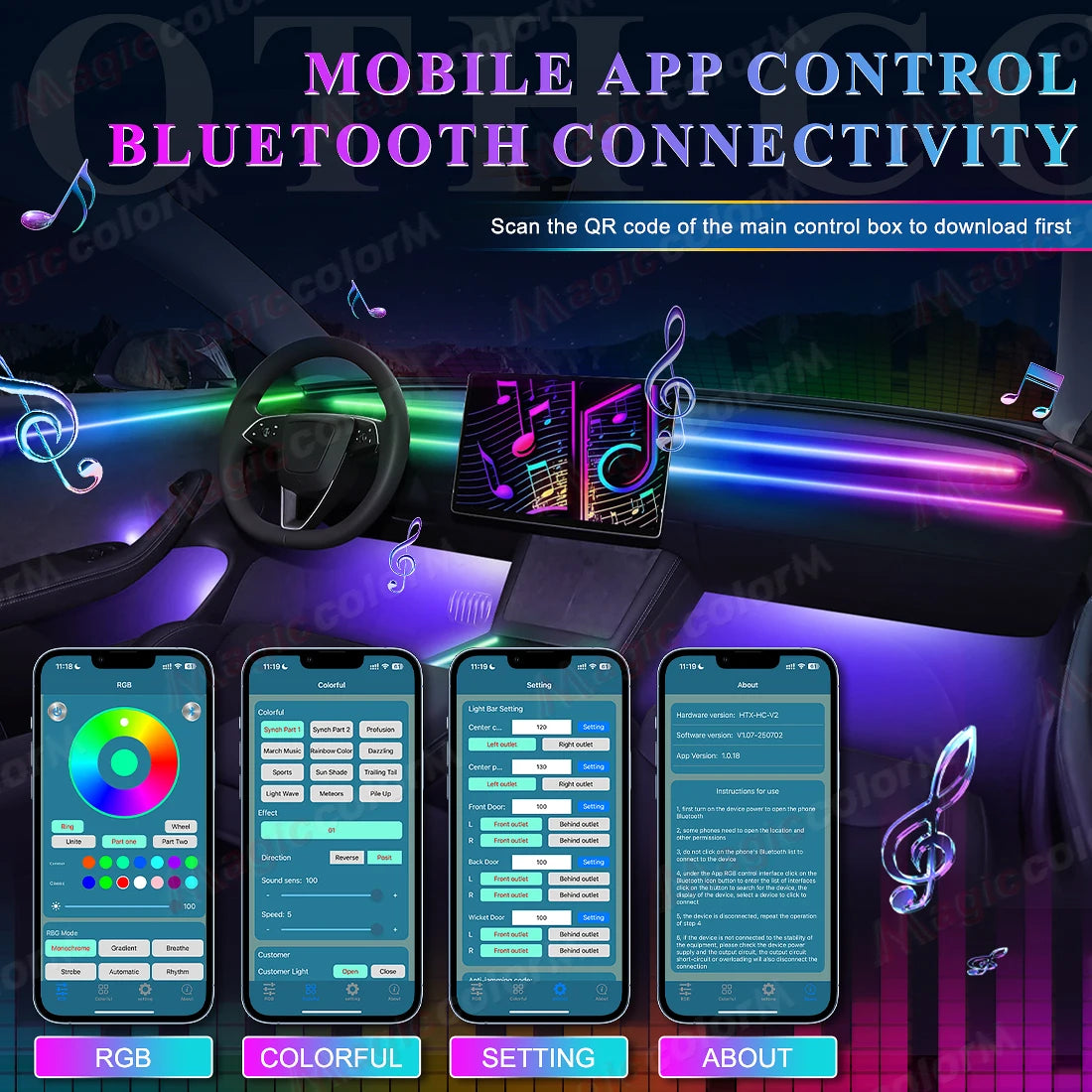 Kit LED RGB Ambiance Intérieure pour Voiture - Bluetooth 18-en-1