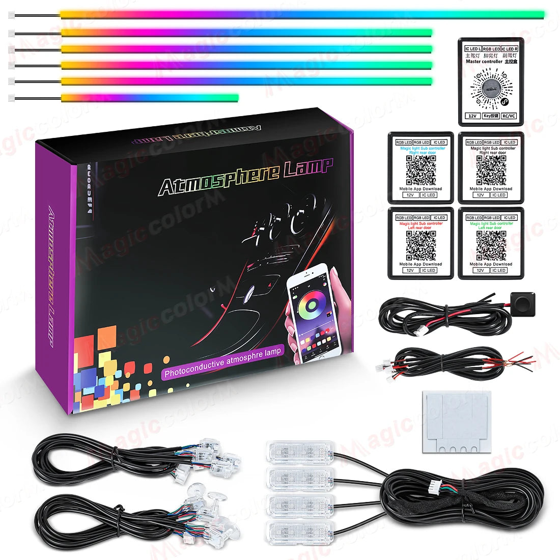 Kit LED RGB Ambiance Intérieure pour Voiture - Bluetooth 18-en-1
