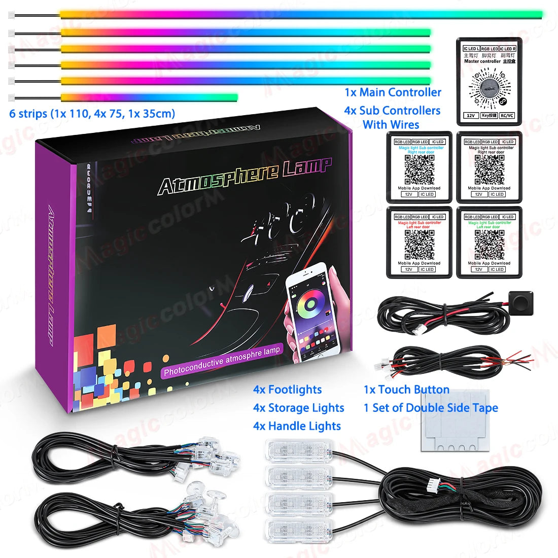 Kit LED RGB Ambiance Intérieure pour Voiture - Bluetooth 18-en-1